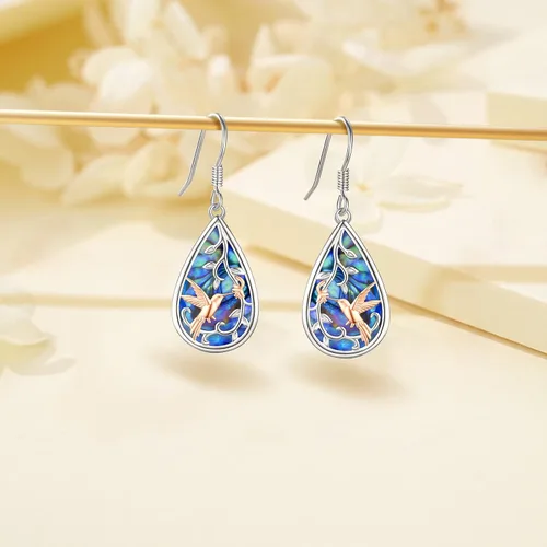 Miniatura 84 de Aretes colgantes de plata de ley con diseño de árbol de la vida, flor, abeja, animales, gato, colibrí, piedra lunar, turquesa, aretes con cierre