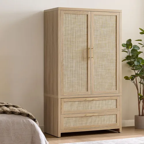 Miniatura 12 de SICOTAS Armario Ropero Gabinete de Ratán, Gabinete de Almacenamiento de 71" con Puertas, 2 Cajones y Barra Colgante, Organizador de Ropa Boho Roble