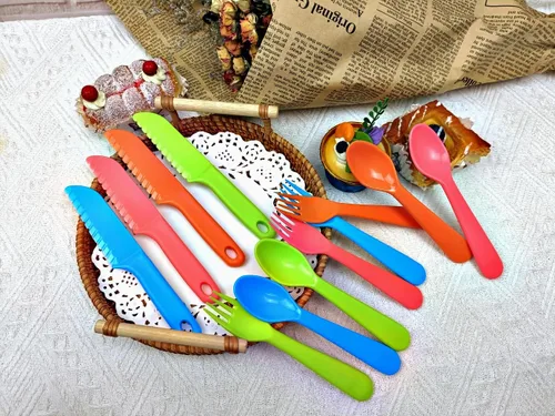 Miniatura 3 de Jawbush Juego de 12 cubiertos para niños, utensilios de plástico para niños pequeños, tenedores y cucharas con cuchillos de nailon dentado