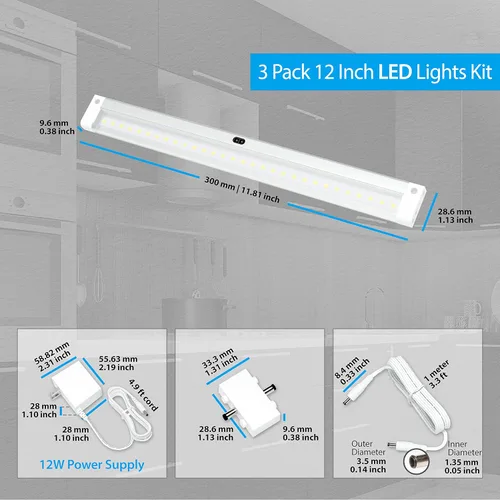 Miniatura 7 de EShine Kit de iluminación LED activada por ondas manuales para debajo del gabinete, regulable, paquete de 3 unidades de 12 pulgadas, control