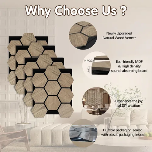 Miniatura 3 de Paneles de pared para pared interior – 4 paneles de pared hexagonales – Paneles acústicos hexagonales – Paneles de chapa de madera de nogal natural