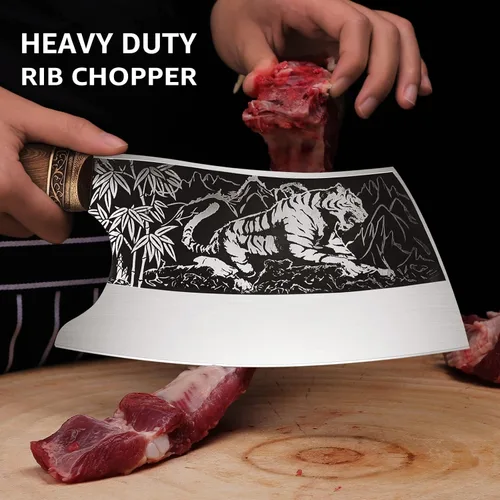 Miniatura 4 de TOMBRO Cuchillo de carnicero de 9 pulgadas, cortador de huesos resistente, forjado con funda para cortar carne, chef chino de acero al carbono ultra