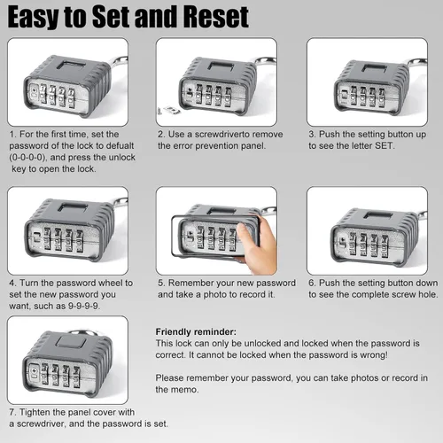 Miniatura 5 de 1 cerradura de combinación de 4 dígitos resistente, desbloqueo con un toque, función antierror, candado grande impermeable de alta seguridad