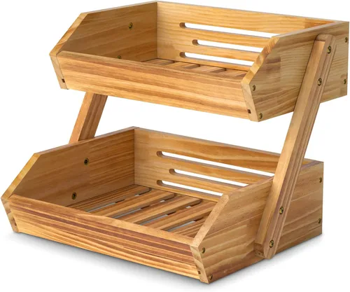 Miniatura 9 de Cesta de frutas de 2 niveles para cocina, soporte de bambú para almacenamiento de frutas y verduras para encimera de cocina, cesta de productos