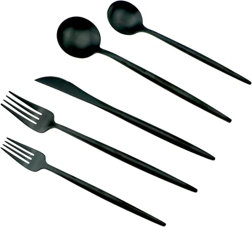 Miniatura 2 de JASHII 18/10 mate negro cubiertos de acero inoxidable 5 piezas Set, cuchillo tenedor ensalada tenedor postre cuchara de la cena, servicio de 1, lujo