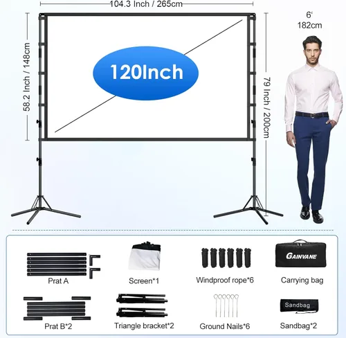 Miniatura 7 de Pantalla de proyector y soporte, GAINVANE pantalla de proyector portátil de 120 pulgadas para interiores y exteriores, pantalla de proyección 16:9