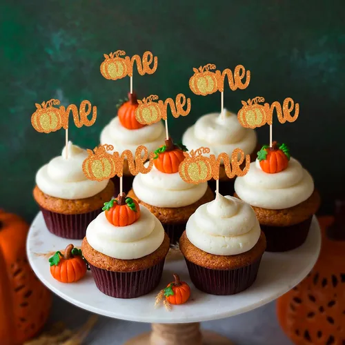 Miniatura 4 de Rsstarxi Paquete de 24 decoraciones de calabaza con purpurina para cupcakes de primer cumpleaños, decoración de pastel de calabaza para el primer