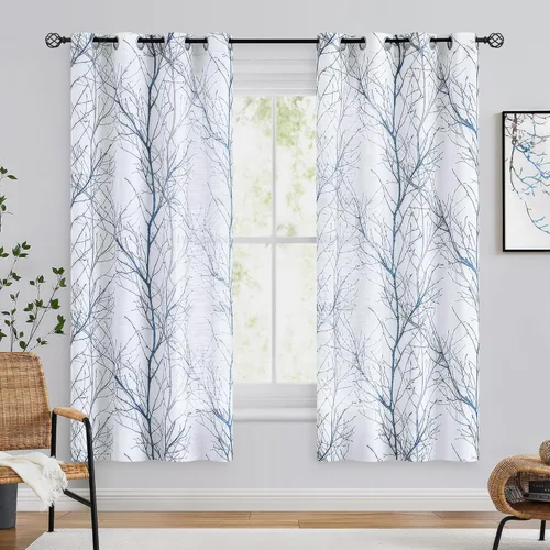 Miniatura 2 de FMFUNCTEX Cortinas de Lino Semitransparentes para Dormitorio, Cortinas Azules y Blancas de 63 Pulgadas de Largo para Sala de Estar, Cortinas de Rama