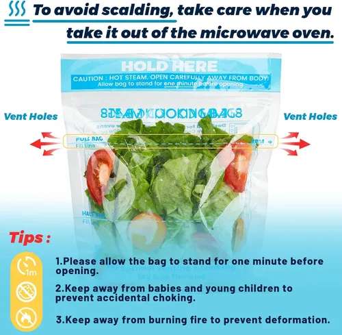 Miniatura 4 de 20 bolsas de vapor para microondas, bolsas de cocción al vapor con cremallera para verduras, patatas, mariscos, carne, verduras y alimentos