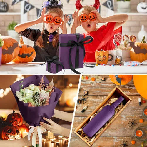 Miniatura 4 de CHRORINE Papel de seda morado - 60 hojas, 20 x 14.5 pulgadas, envoltura de regalos de arte de Halloween y fiesta, manualidades y decoración Púrpura