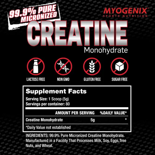 Miniatura 7 de Myogenix Monohidrato de creatina, polvo de creatina pura para fuerza y resistencia, apoya la producción de ATP y la fuerza muscular, sin aditivos