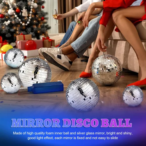 Miniatura 5 de Libima Paquete de 12 Bolas de Discoteca Grandes de Navidad Decoración de Diferentes Tamaños Espejo Plateado Colgantes Adornos de Bola de Discoteca