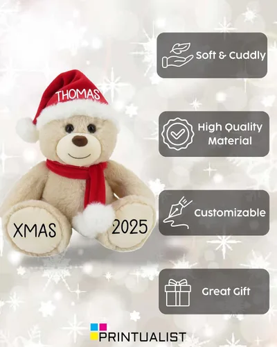 Miniatura 2 de Oso de Navidad Personalizado 2025 – Osito de Peluche Beige Personalizado de 8.5 pulgadas con Sombrero y Bufanda – Lindo Oso Navideño con Tu Nombre