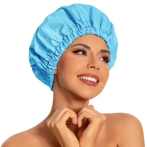 Miniatura 27 de Gorro de ducha reutilizable para mujer, grande, impermeable, lavable, banda elástica, accesorios de baño, sombrero para cabello largo, trenzas Beige
