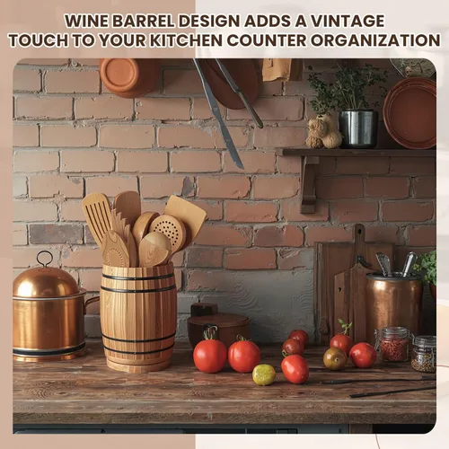Miniatura 5 de Honeydak Soporte de utensilios de madera para encimera de cocina, diseño de barril de vino giratorio de 360°, organizador de recipiente