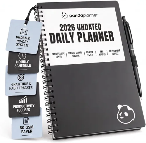 Panda Planner Agenda diaria sin fecha 2026, 5.75 x 8.25 pulgadas, gris | 90-Day Spiral Academic, Productivity Planner, Hourly Schedule, To-Do List,