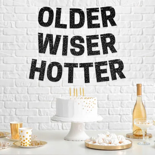 Miniatura 7 de Cartel preencordado de Older Wiser Hotter - No DIY - Cartel negro para fiesta de feliz cumpleaños con purpurina - Guirnalda preencordada en hebras