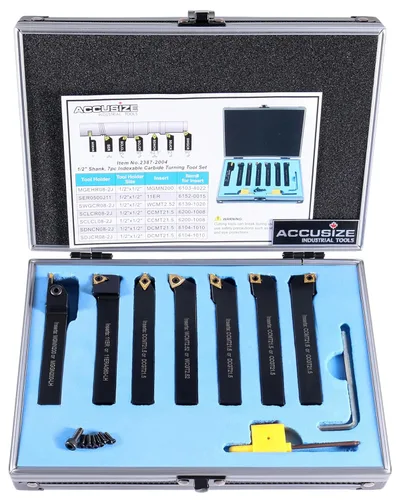 Accusize Industrial Tools Juego de herramientas de torneado de carburo indexable 7-Ps, vástago de 1/2 pulgada, insertos recubiertos de TiN de grado