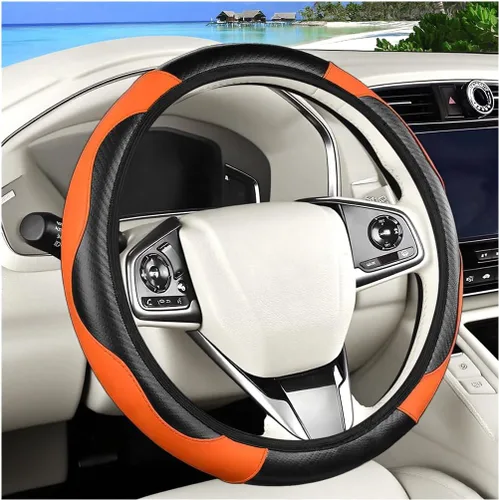 Miniatura 19 de Funda de fibra de carbono para volante de automóvil, protector elástico para volante de automóvil de 14.5 a 15 pulgadas, estilo deportivo