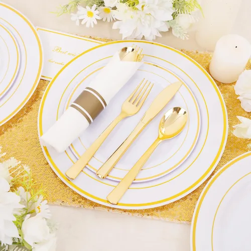 Miniatura 2 de DaYammi Juego de vajilla de plástico dorado de 350 piezas para 50 invitados, platos desechables elegantes para fiestas, incluye: 50 platos llanos