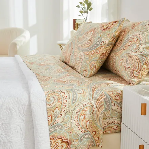 Miniatura 16 de Brandream Juego de sábanas tamaño King con estampado floral lujoso estilo bohemio con medallón azul y estampado de cachemira, colección de ropa