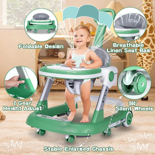 Miniatura 2 de Andador para bebés con ruedas 3 en 1, centro de actividades plegable con ruedas silenciosas, 10 alturas ajustables, centro de actividades anticaídas