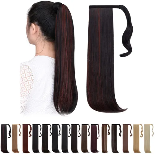 Miniatura 13 de Extensiones de cola de caballo caoba, cola de caballo rizada con clip, 22 pulgadas, 3.5 onzas, extensión de cabello sintético negro, extensión