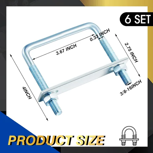 Miniatura 2 de Zonon 6 piezas de pernos en U cuadrados de 3/8'' x 3-5/8'' x 4'' con placas de marco y tuercas, pernos de abrazadera en U galvanizados en zinc