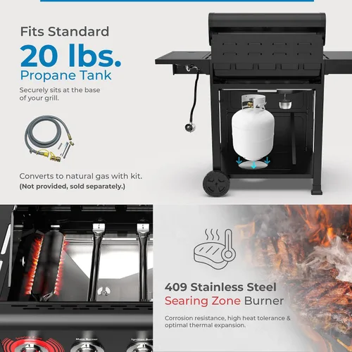 Miniatura 6 de Kenmore Parrilla de gas propano para barbacoa, 5 quemadores con quemador lateral y zona de sellado, parrilla de acero inoxidable de 644 pulgadas