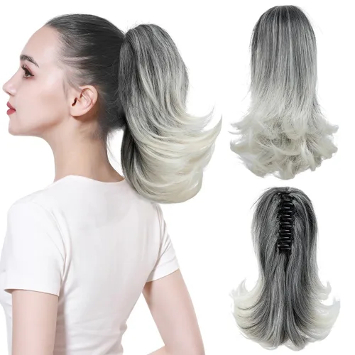 Miniatura 15 de CJL HAIR - Extensión de cola de caballo con clip de garra corto, cordón elástico, cabello rizado falso, balayage, pieza de cabello sintético, fibra