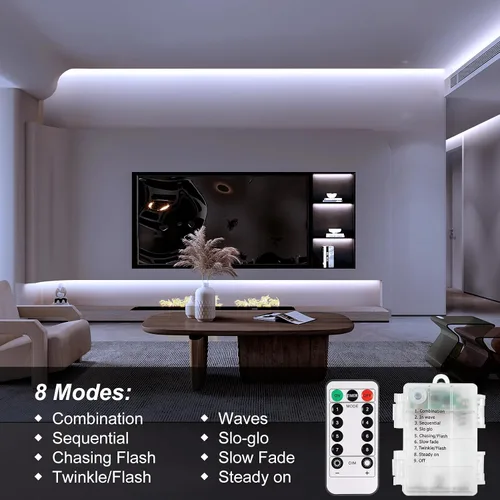 Miniatura 6 de echosari 2 piezas de tiras de luces que funcionan con pilas, 9.8 pies 90 luces LED autoadhesivas con control remoto y temporizador, tira de luz