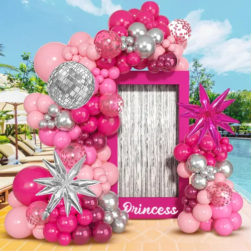 Miniatura 6 de Kit de arco de guirnalda de globos de princesa rosa y plateado, 143 unidades, confeti rosa intenso, estrella 4D, bola de discoteca, globos de corona