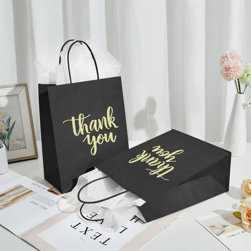 Miniatura 5 de DjinnGlory Paquete de 50 bolsas de papel de agradecimiento negras de tamaño mediano con asas de 10 x 8 x 4 pulgadas y papel de seda blanco para Negro