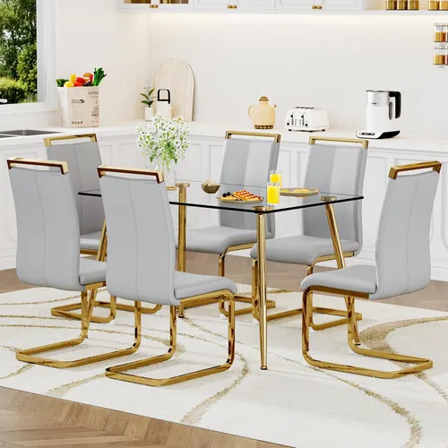 Miniatura 16 de Juego de mesa de comedor de vidrio Ebullient para 4, mesa de 51" de vidrio templado transparente con patas de metal negro y 4 sillas de acrílico