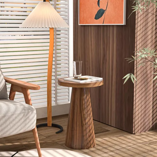Miniatura 3 de Pequeña mesa auxiliar redonda con pedestal, mesa auxiliar de madera para sala de estar, mesa de bebidas acanalada para espacios pequeños, mesa Nogal