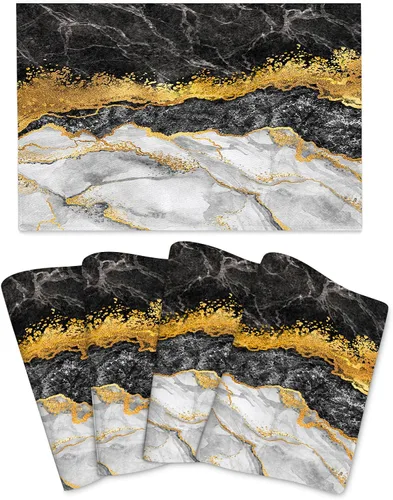 Juego de 4 manteles individuales de mármol negro y dorado, lavables, antideslizantes, resistentes al calor, color dorado y negro gris, manteles para