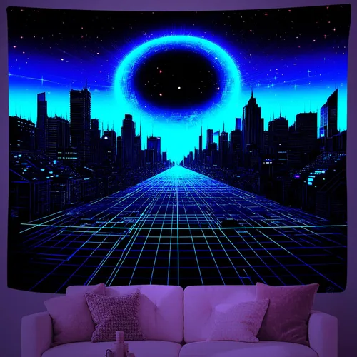 Miniatura 12 de Tapiz de sol de neón de luz negra, tapiz de silueta de palmera de ciudad que brilla en la oscuridad, tapiz para colgar en la pared, reactivo a