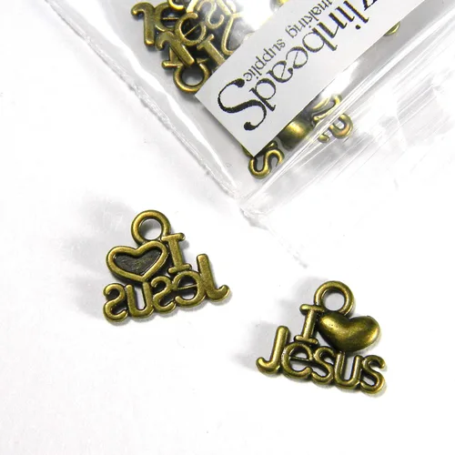 Miniatura 2 de 30 dijes de joyería cristiana I Love Jesus con base de estaño chapado en corazón (chapado en bronce antiguo)