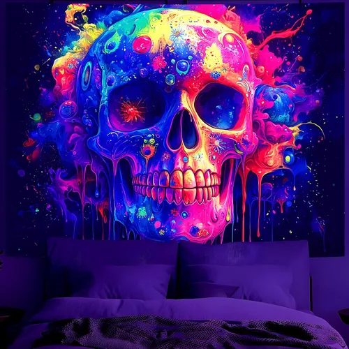 Miniatura 15 de BVBOX Tapiz de Halloween con luz negra, reactivo a los rayos UV que brilla en la oscuridad, póster de tapiz trippy con luz negra para sala de estar