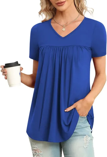 LAOLASI Blusas de verano 2024 para mujer, cuello en V, manga corta, estilo casual, blusas tipo túnica fluidas