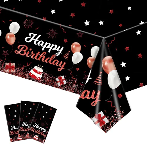 Miniatura 11 de MRJ Black Party Supplies - Paquete de 3 manteles de feliz cumpleaños con estrellas rosas y negras, decoraciones perfectas para fiestas de cumpleaños