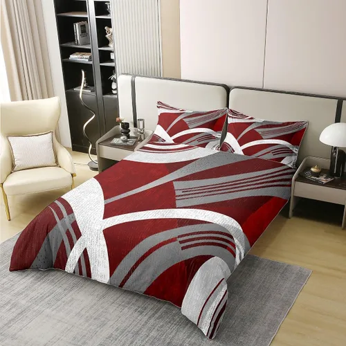 Miniatura 2 de jejeloiu Juego de funda de edredón a rayas 100% algodón, diseño geométrico, 100% algodón, decoración de habitación, diseño geométrico, rojo y gris