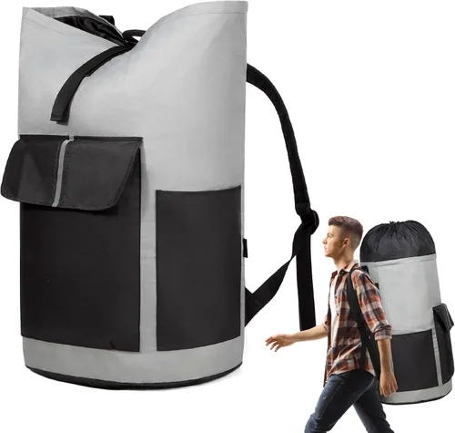 Miniatura 8 de BeeGreen Mochila de lavandería verde musgo para viaje, bolsa de lavandería con correas de hombro ajustables y cierre de cordón, XL bolsa
