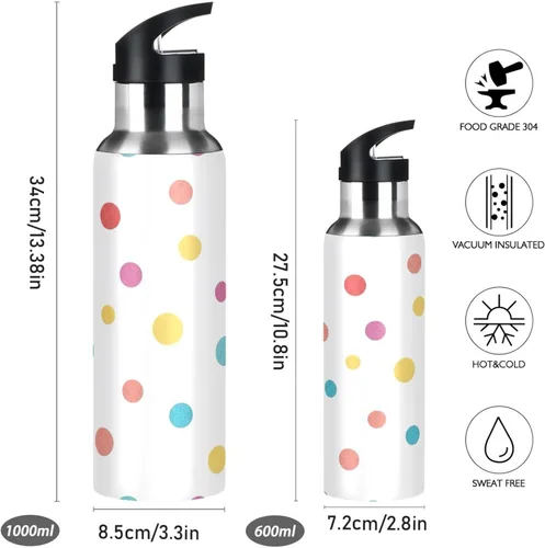 Miniatura 2 de Colorful Polka Dots White Insulated Stainless Steel Water Bottle with Straw 32 Oz Leakproof Water Bottles, BPA-Free Sports Water Bottle