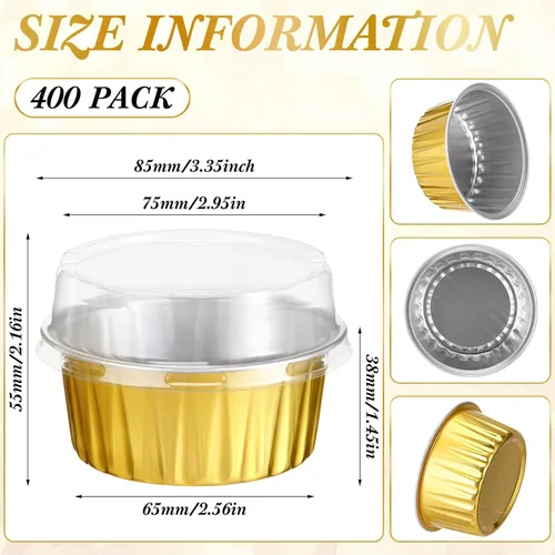 Miniatura 4 de Gejoy 400 Piezas Moldes de Papel de Aluminio para Hornear con Tapas 5 oz Moldes Desechables Ramekins Mini Moldes para Pasteles Crème Brûlée Moldes
