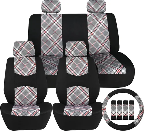 Miniatura 2 de TLH Fundas universales para asientos de automóvil Tartan57 estampado a cuadros beige, juego completo de fundas para asientos en tela plana