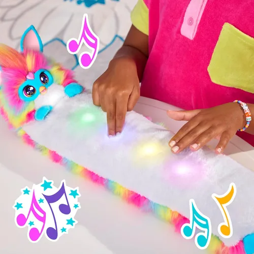 Miniatura 8 de FURBY Juguete Interactivo DJ, Peluche Electrónico Súper Suave Arcoíris con Música, Luces, Movimiento y Juegos, Habla Inglés y Furbish, 32 Pulgadas