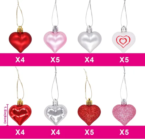 Miniatura 2 de Decoraciones para el día de San Valentín, decoración de corazón, 36 piezas de adornos de plástico rojo, plateado, rosa, blanco, árbol de Navidad