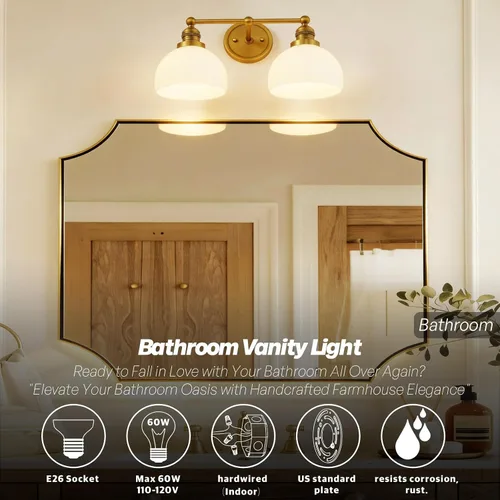 Miniatura 3 de Apliques de Pared Dorados de 2 Luces, Aplique de Pared Vintage para Baño con Vidrio Esmerilado de Doble Brazo de Latón, Luz de Tocador para Baño