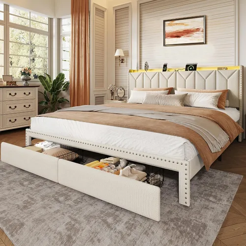 Miniatura 19 de WLIVE Base de cama tapizada de tamaño matrimonial con cabecera de ala de 48 pulgadas de alto, cama cuadrada de terciopelo con estación de carga